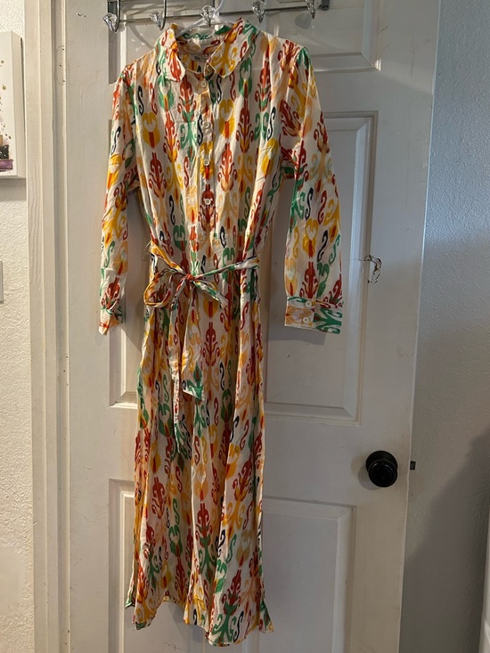 Zara Dresses & Skirts - Zara Multicolor Ikat Maxi Shirt Dress in Yellow, Green, Red, Cream